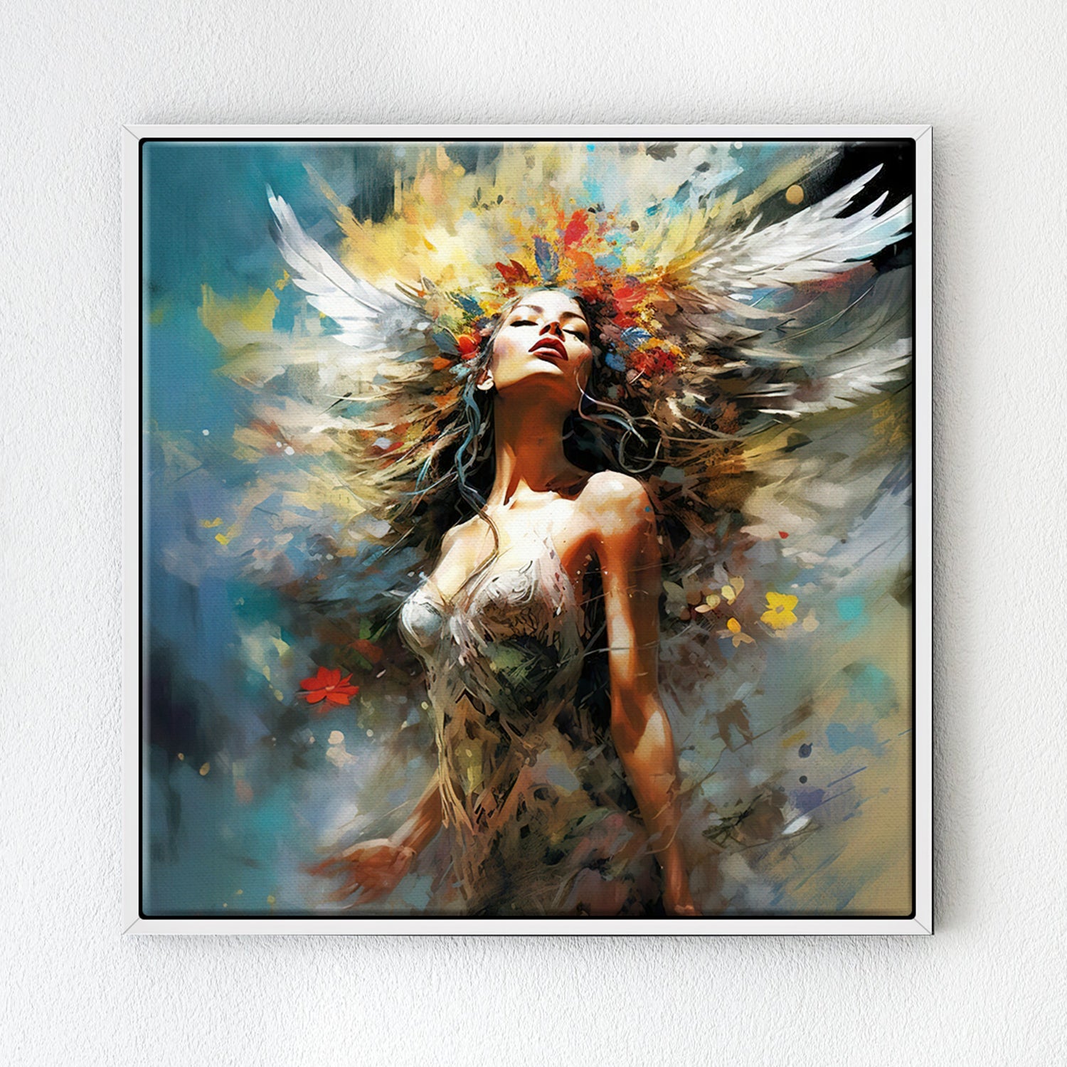 white frame flower goddess canvas print