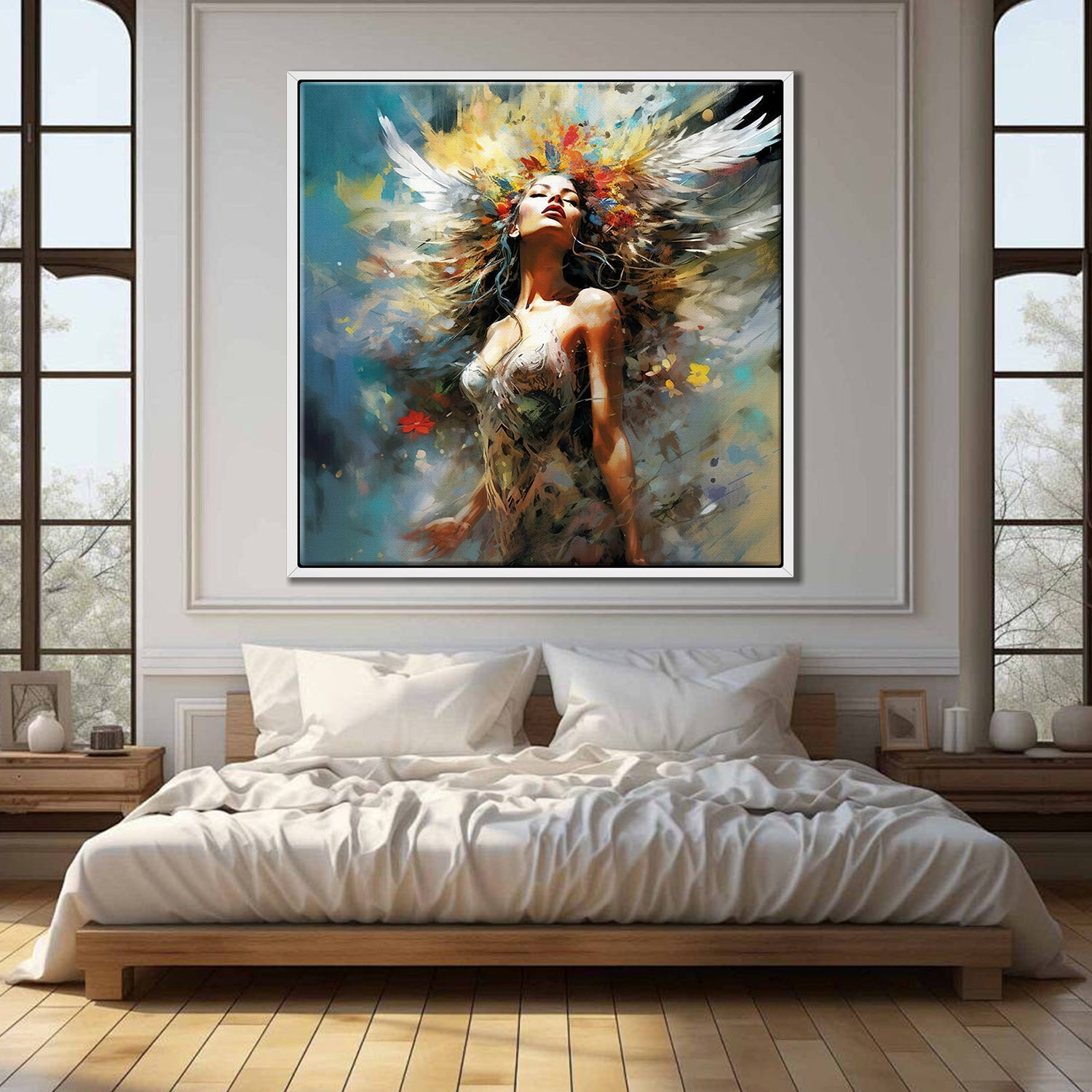 white frame flower goddess canvas print above the bed