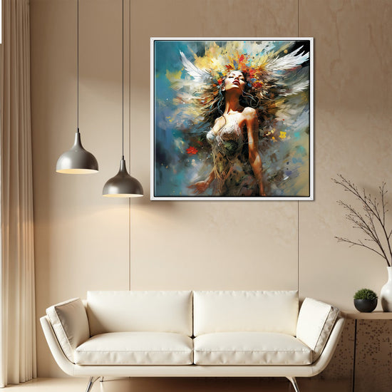 white frame flower goddess canvas print in the living room